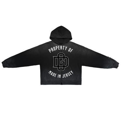 BLACK PROPERTY WASHED DISTRESSED ZIP-UP HOODIE
